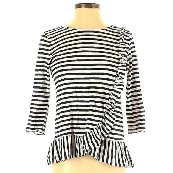 J. Crew Black White Stripe Preppy Classic Peplum Ruffle Top Blouse Size S Small - Picture 2 of 5